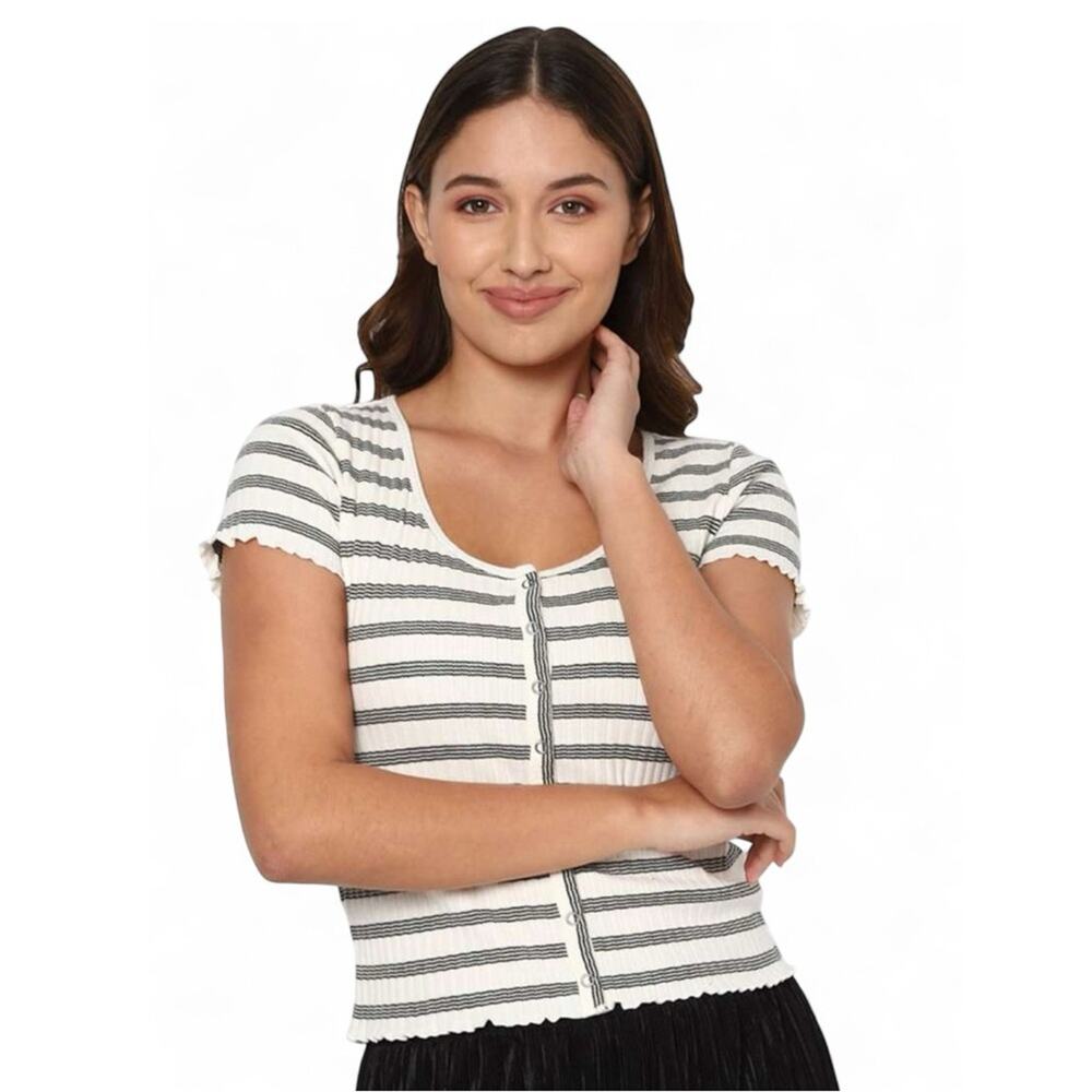 American Eagle Ribbed Snap Front Striped Cropped Short Sleeve Shirt Size Large